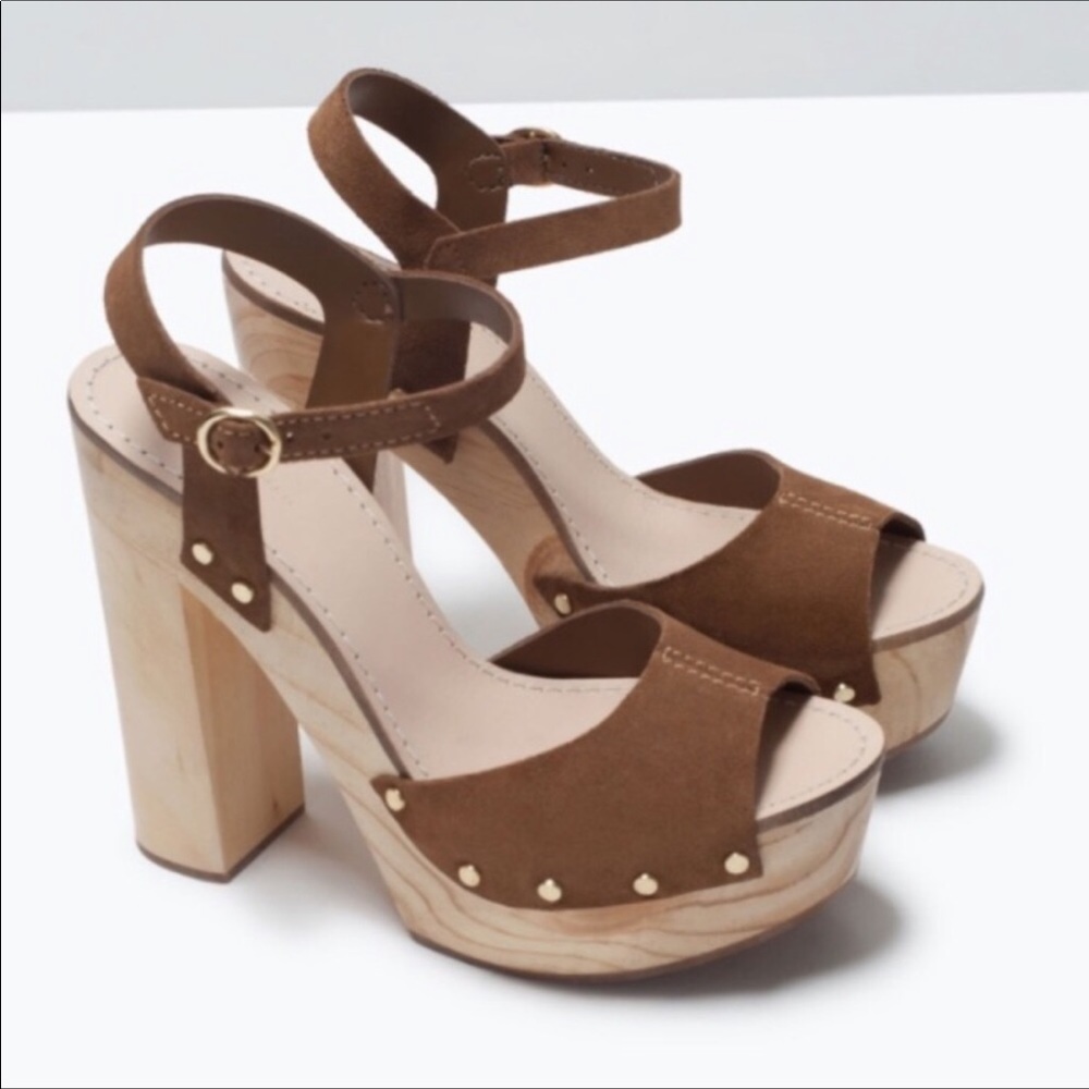 ZARA WOOD & SUEDE BROWN PLATFORMS SZ41 US 10
